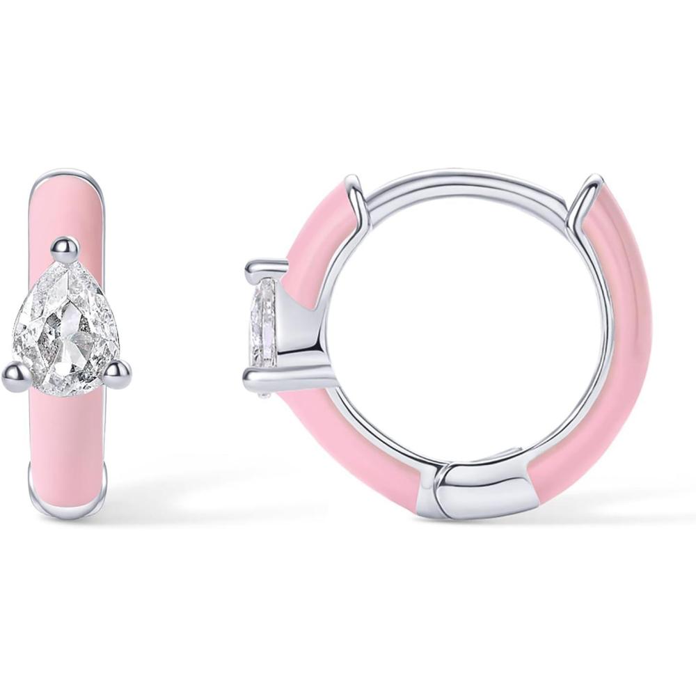 image:imagePAVOI 14K Gold Plated 925 Sterling Silver Post Earrings for Women Colored Enamel Cubic Zirconia Huggie Hoop Earrings Blue Pink Purple White JewelryWhite Gold Pink Enamel