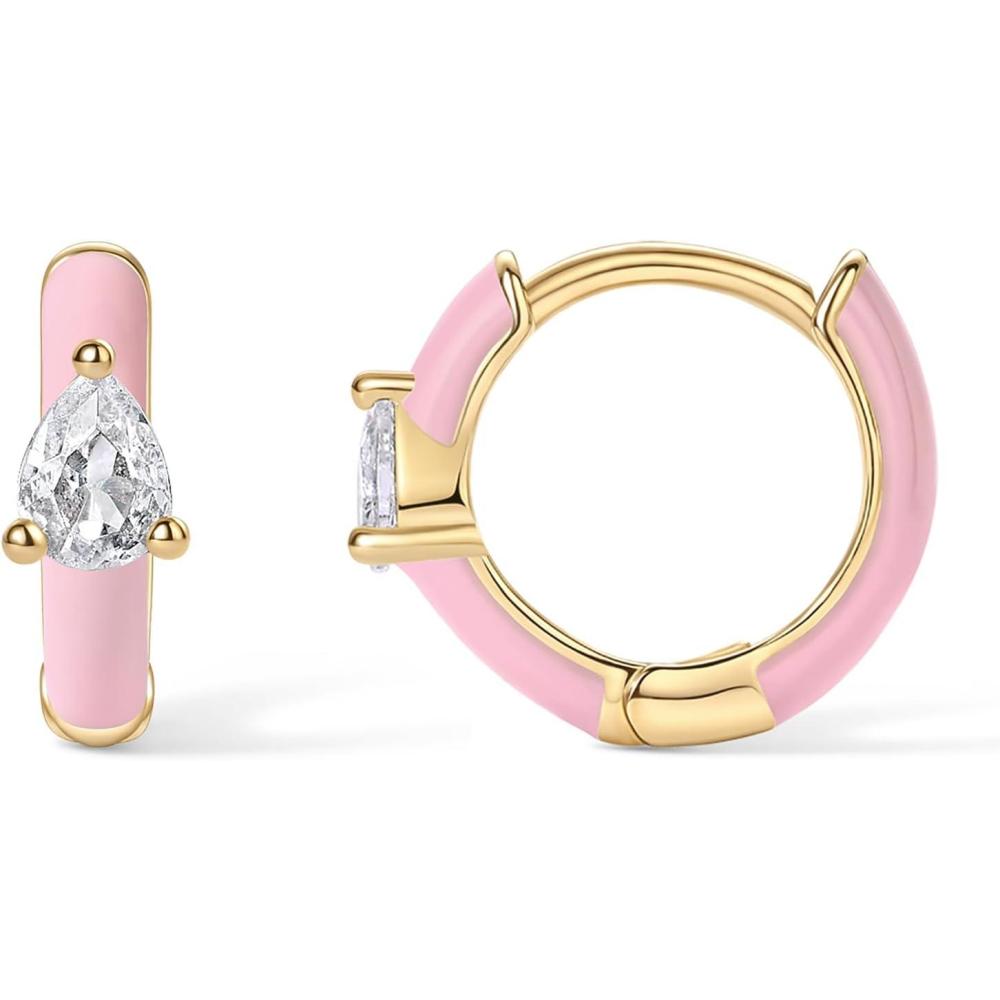 image:imagePAVOI 14K Gold Plated 925 Sterling Silver Post Earrings for Women Colored Enamel Cubic Zirconia Huggie Hoop Earrings Blue Pink Purple White JewelryYellow Gold Pink Enamel