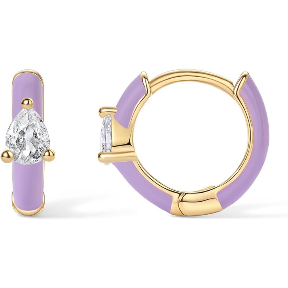 image:imagePAVOI 14K Gold Plated 925 Sterling Silver Post Earrings for Women Colored Enamel Cubic Zirconia Huggie Hoop Earrings Blue Pink Purple White JewelryYellow Gold Purple Enamel