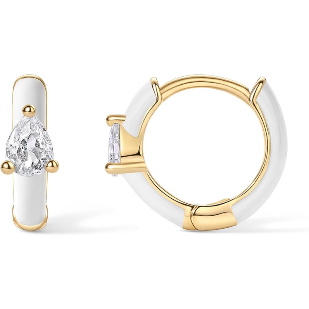image:imagePAVOI 14K Gold Plated 925 Sterling Silver Post Earrings for Women Colored Enamel Cubic Zirconia Huggie Hoop Earrings Blue Pink Purple White JewelryYellow Gold White Enamel