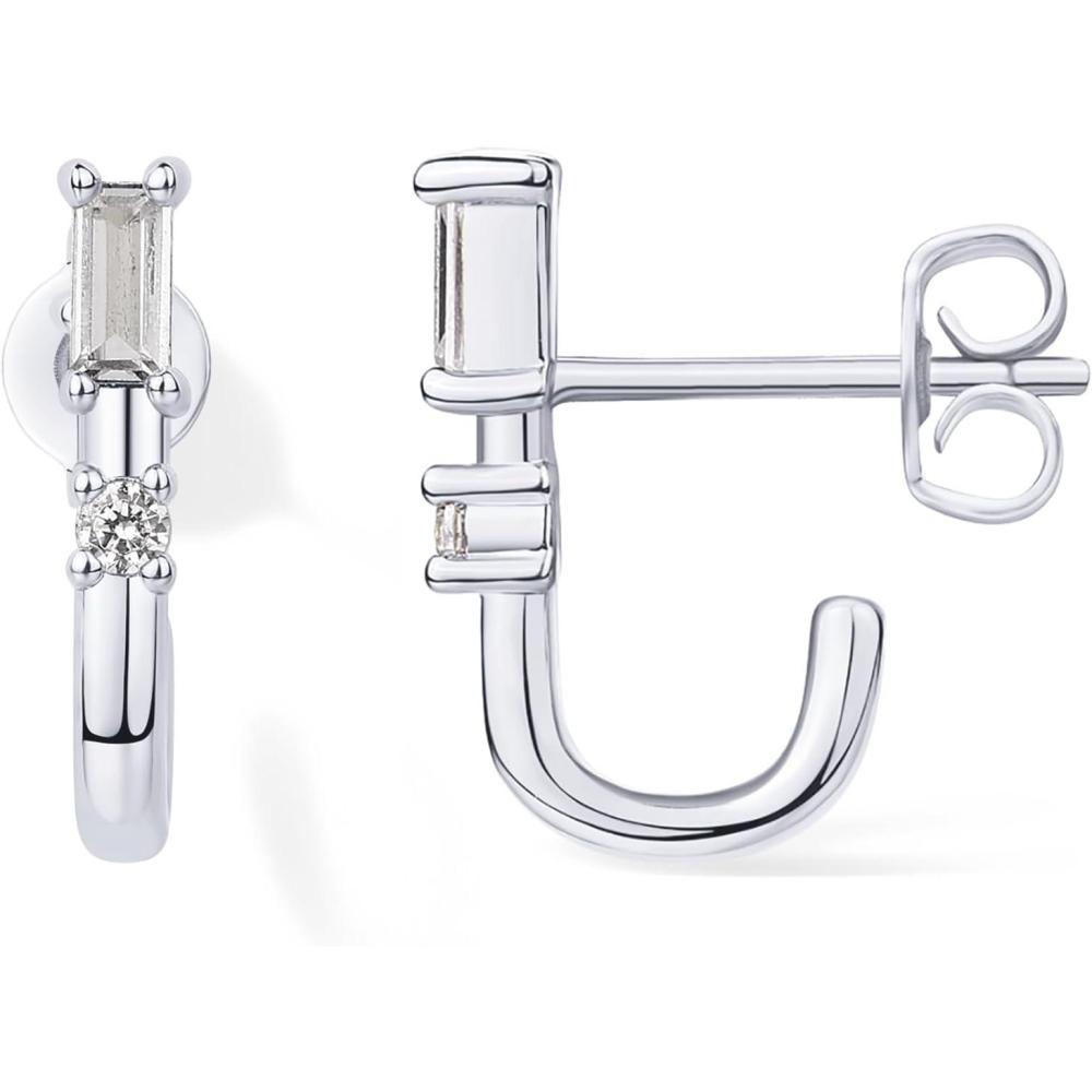 image:imagePAVOI 18K Gold Plated 925 Sterling Silver Posts Cubic Zirconia Half Huggie Earrings  Small Hoop Earrings for Women  Constellation Baguette CZ Dainty Stud Cuff EarringWhite Gold