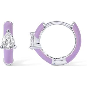 PAVOI 14K Gold Plated 925 Sterling Silver Post Earrings for Women – Colored Enamel Cubic Zirconia Huggie Hoop Earrings – Blue Pink Purple White Jewelry(White Gold – Purple Enamel)