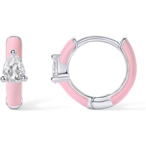 PAVOI 14K Gold Plated 925 Sterling Silver Post Earrings for Women – Colored Enamel Cubic Zirconia Huggie Hoop Earrings – Blue Pink Purple White Jewelry(White Gold – Pink Enamel)