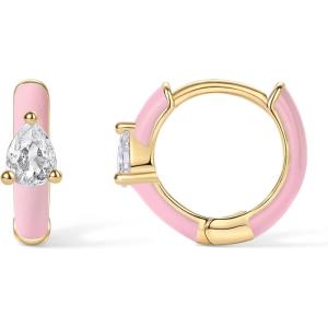 PAVOI 14K Gold Plated 925 Sterling Silver Post Earrings for Women – Colored Enamel Cubic Zirconia Huggie Hoop Earrings – Blue Pink Purple White Jewelry(Yellow Gold – Pink Enamel)
