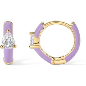 PAVOI 14K Gold Plated 925 Sterling Silver Post Earrings for Women – Colored Enamel Cubic Zirconia Huggie Hoop Earrings – Blue Pink Purple White Jewelry(Yellow Gold – Purple Enamel)