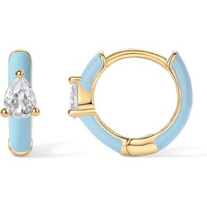 PAVOI 14K Gold Plated 925 Sterling Silver Post Earrings for Women – Colored Enamel Cubic Zirconia Huggie Hoop Earrings – Blue Pink Purple White Jewelry(Yellow Gold – Blue Enamel)
