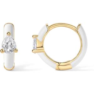 PAVOI 14K Gold Plated 925 Sterling Silver Post Earrings for Women – Colored Enamel Cubic Zirconia Huggie Hoop Earrings – Blue Pink Purple White Jewelry(Yellow Gold – White Enamel)