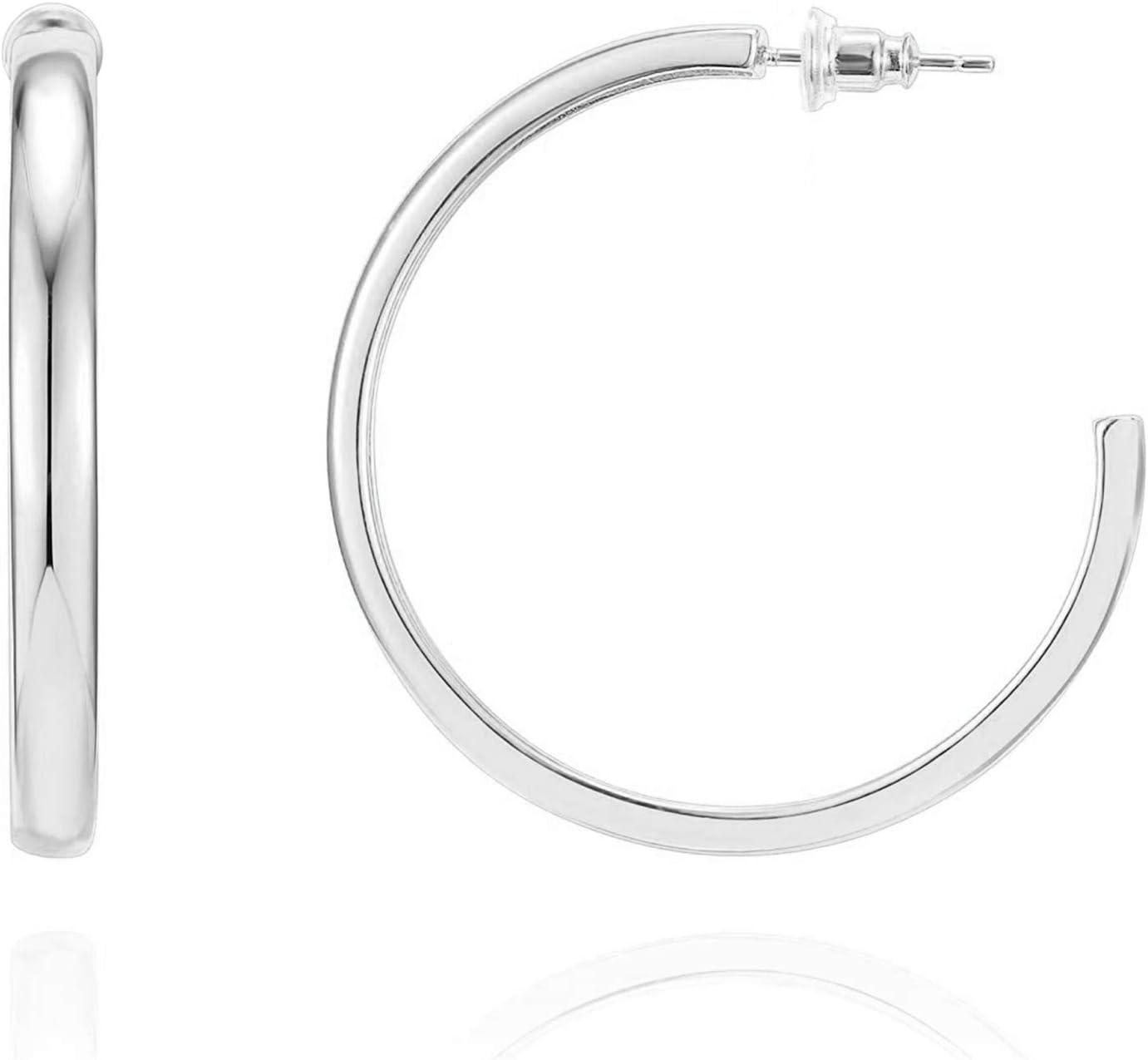 image:imagePAVOI 14K Gold Plated Wide Flat Edge Hoop Earrings for Women Rose White and Yellow Gold Hoops Hypoallergenic JewelryWhite Gold