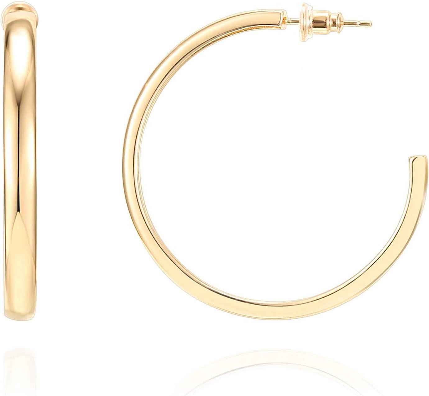 image:imagePAVOI 14K Gold Plated Wide Flat Edge Hoop Earrings for Women Rose White and Yellow Gold Hoops Hypoallergenic JewelryYellow Gold