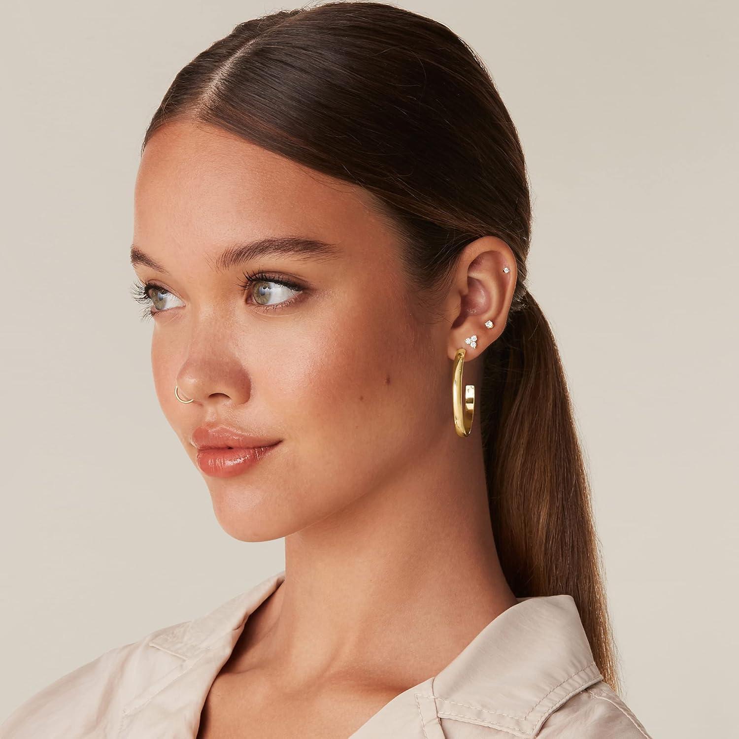 image:imagePAVOI 14K Gold Plated Wide Flat Edge Hoop Earrings for Women Rose White and Yellow Gold Hoops Hypoallergenic JewelryYellow Gold