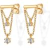 PAVOI 14K Gold Plated 925 Sterling Silver Posts Bar Drape Chain Earrings for Women – Cubic Zirconia Chain Dangle Studs – Drop Dangle Earrings(Yellow Gold)