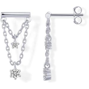 PAVOI 14K Gold Plated 925 Sterling Silver Posts Bar Drape Chain Earrings for Women – Cubic Zirconia Chain Dangle Studs – Drop Dangle Earrings(White Gold)