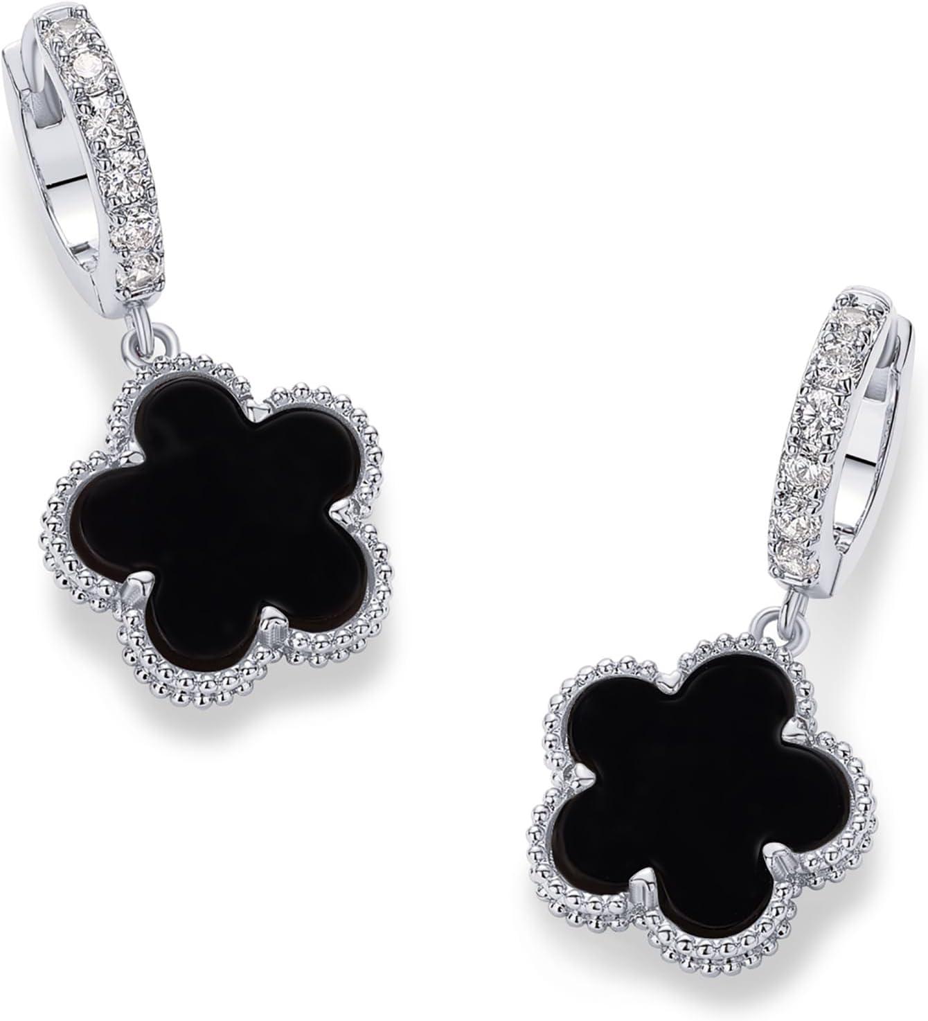 image:imagePAVOI 14K Gold Plated Clover Earrings for Women Clover Stud Earrings Mother of Pearl amp Onyx Gemstone Lucky Flower Design Huggie Hoop Trendy JewelryWhite Gold
