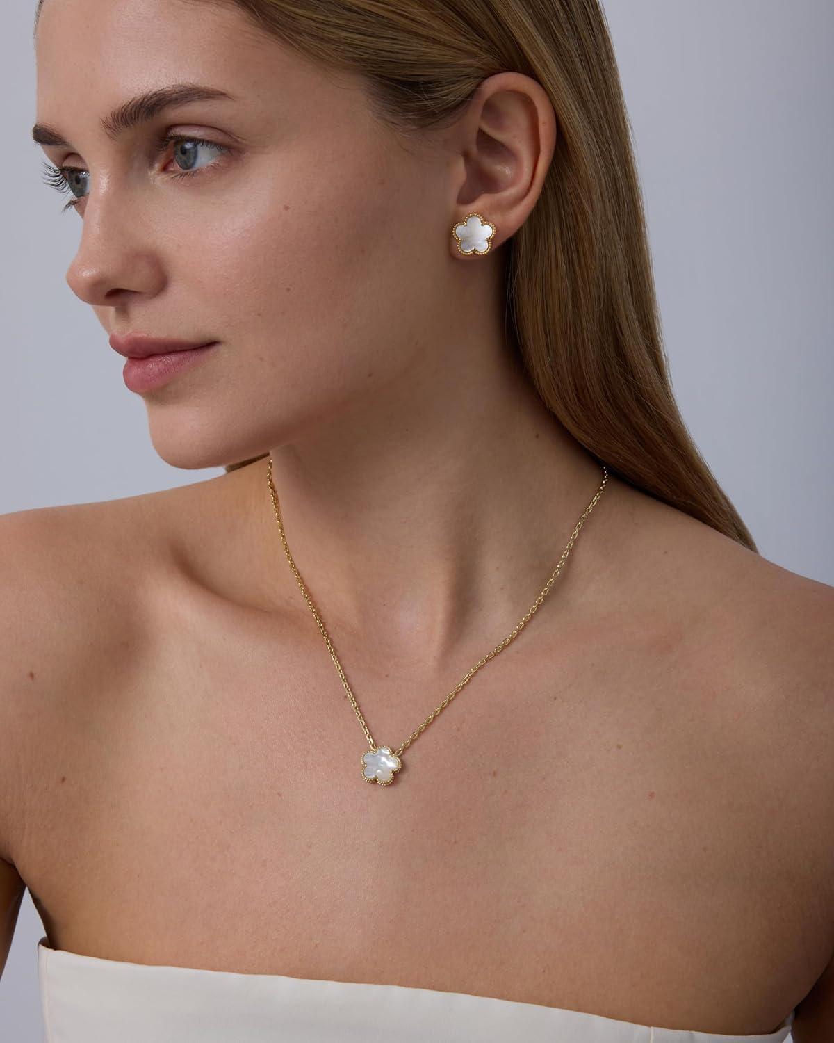 image:imagePAVOI 14K Gold Plated Clover Earrings for Women Clover Stud Earrings Mother of Pearl amp Onyx Gemstone Lucky Flower Design Huggie Hoop Trendy JewelryYellow Gold