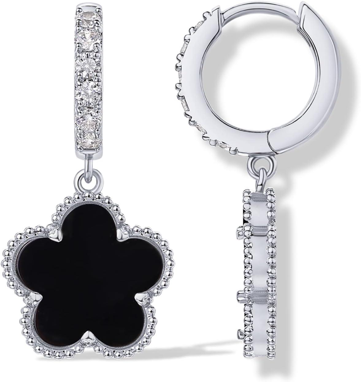 image:imagePAVOI 14K Gold Plated Clover Earrings for Women Clover Stud Earrings Mother of Pearl amp Onyx Gemstone Lucky Flower Design Huggie Hoop Trendy JewelryWhite Gold