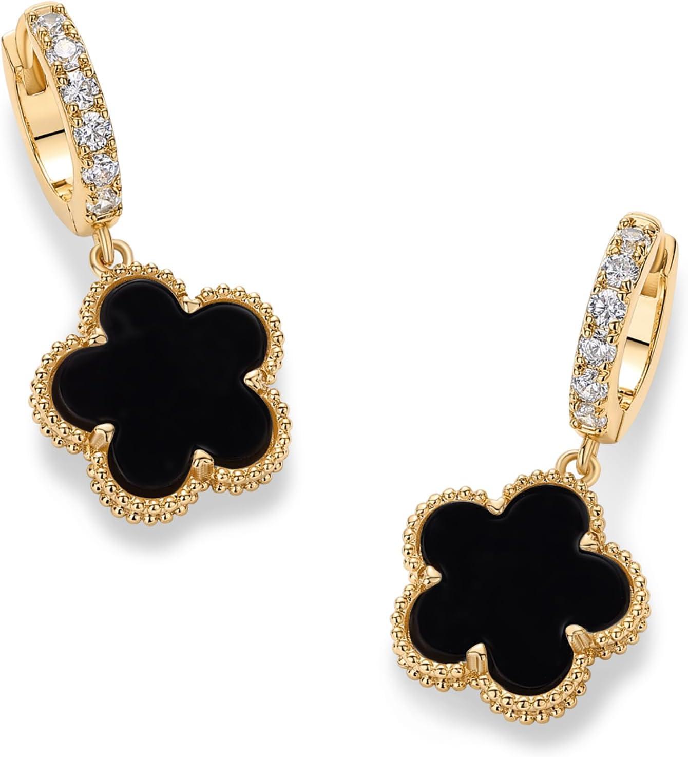 image:imagePAVOI 14K Gold Plated Clover Earrings for Women Clover Stud Earrings Mother of Pearl amp Onyx Gemstone Lucky Flower Design Huggie Hoop Trendy JewelryYellow Gold