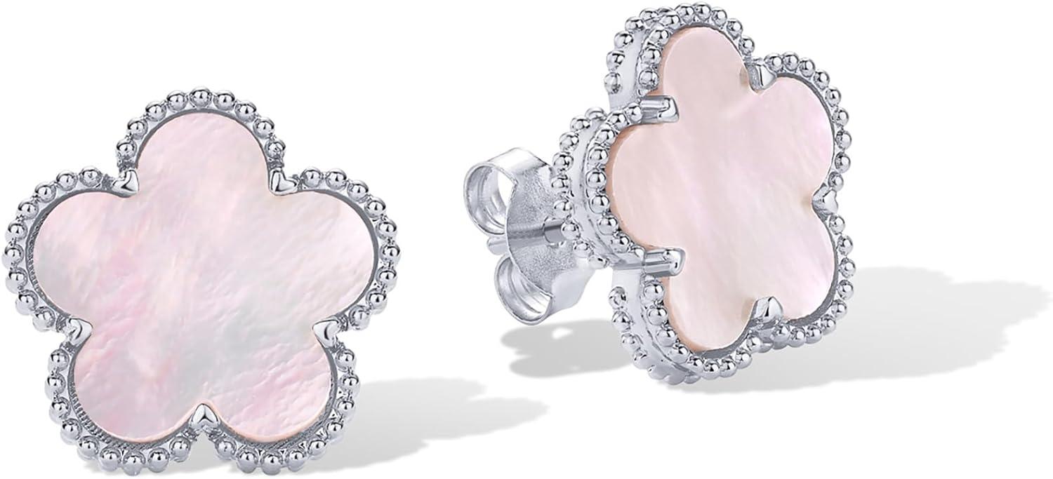 image:imagePAVOI 14K Gold Plated Clover Earrings for Women Clover Stud Earrings Mother of Pearl amp Onyx Gemstone Lucky Flower Design Huggie Hoop Trendy JewelryWhite Gold