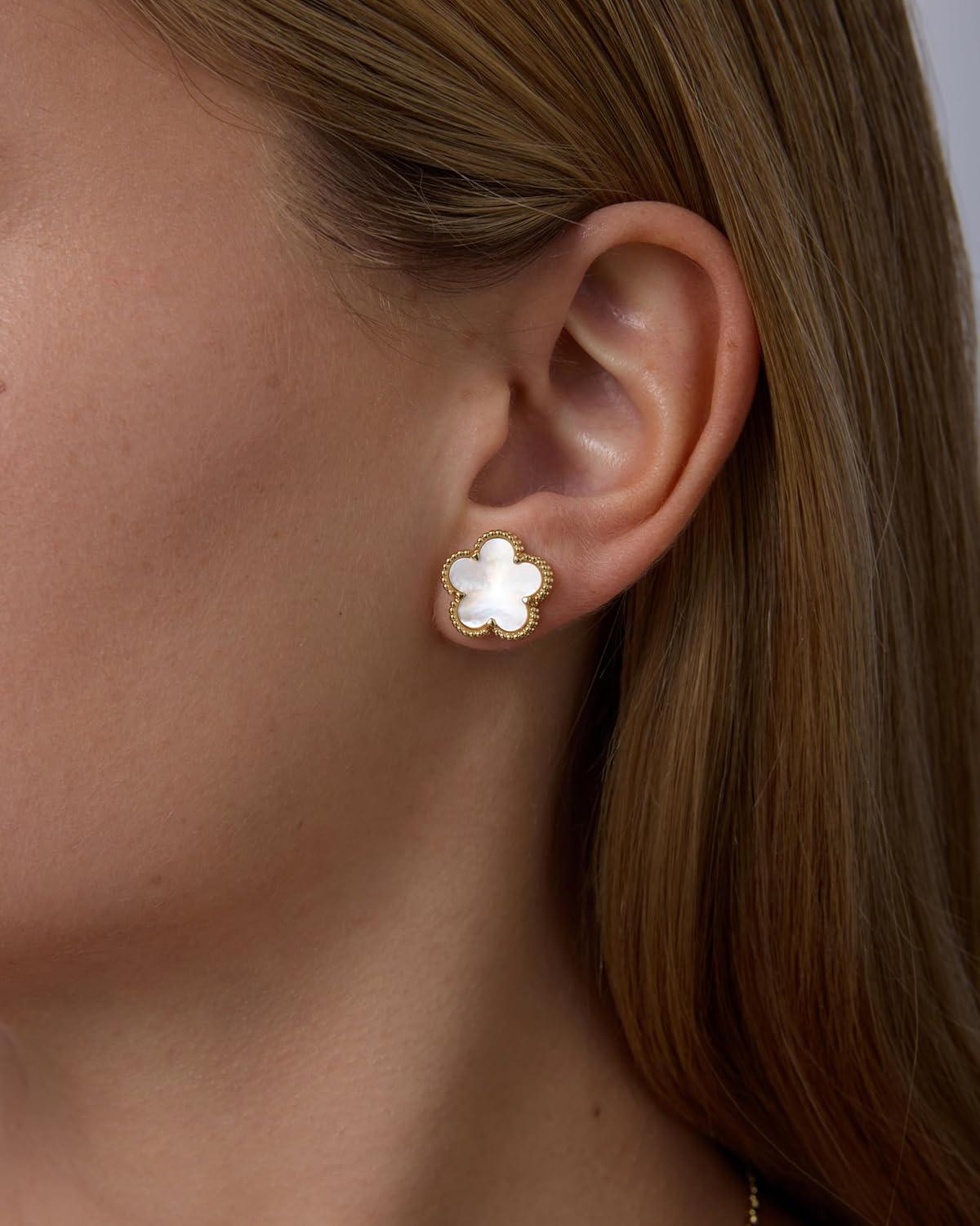 image:imagePAVOI 14K Gold Plated Clover Earrings for Women Clover Stud Earrings Mother of Pearl amp Onyx Gemstone Lucky Flower Design Huggie Hoop Trendy JewelryWhite Gold
