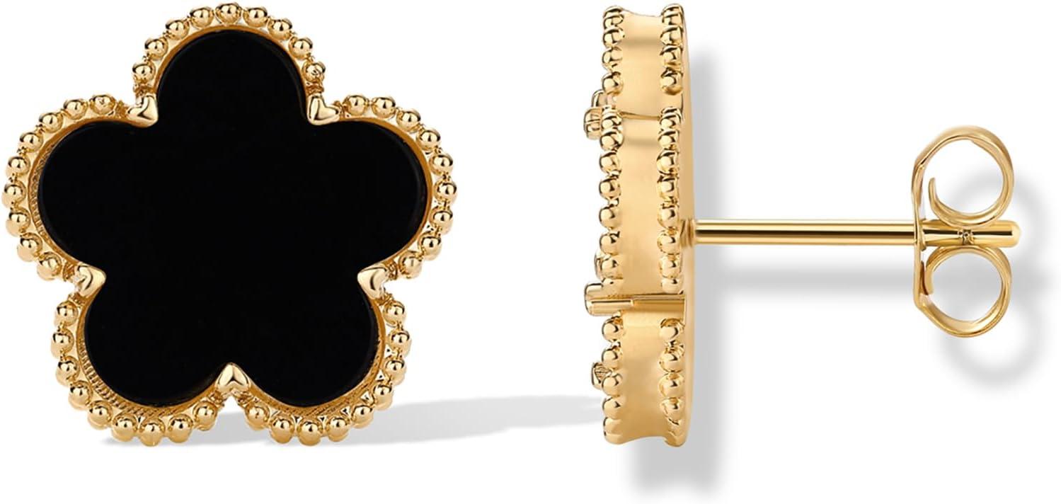 image:imagePAVOI 14K Gold Plated Clover Earrings for Women Clover Stud Earrings Mother of Pearl amp Onyx Gemstone Lucky Flower Design Huggie Hoop Trendy JewelryYellow Gold