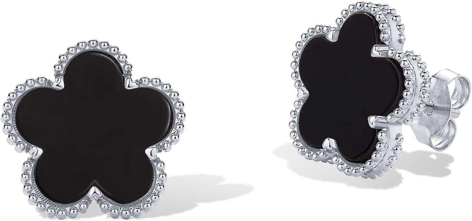 image:imagePAVOI 14K Gold Plated Clover Earrings for Women Clover Stud Earrings Mother of Pearl amp Onyx Gemstone Lucky Flower Design Huggie Hoop Trendy JewelryWhite Gold