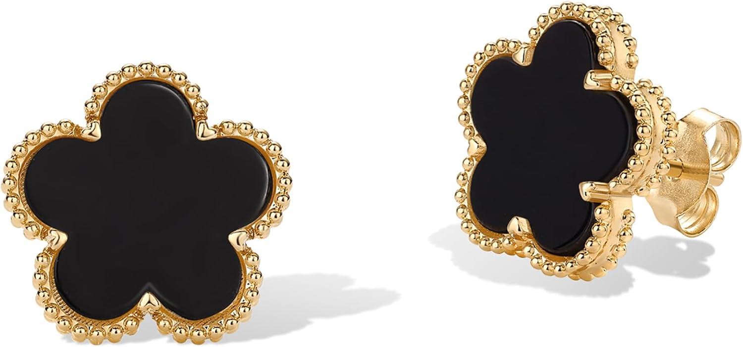 image:imagePAVOI 14K Gold Plated Clover Earrings for Women Clover Stud Earrings Mother of Pearl amp Onyx Gemstone Lucky Flower Design Huggie Hoop Trendy JewelryYellow Gold