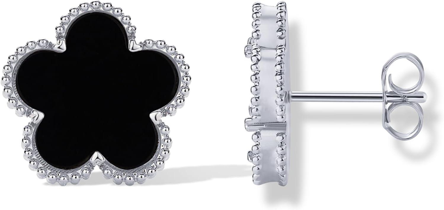 image:imagePAVOI 14K Gold Plated Clover Earrings for Women Clover Stud Earrings Mother of Pearl amp Onyx Gemstone Lucky Flower Design Huggie Hoop Trendy JewelryWhite Gold