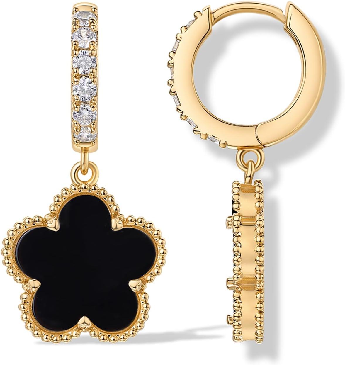 image:imagePAVOI 14K Gold Plated Clover Earrings for Women Clover Stud Earrings Mother of Pearl amp Onyx Gemstone Lucky Flower Design Huggie Hoop Trendy JewelryYellow Gold