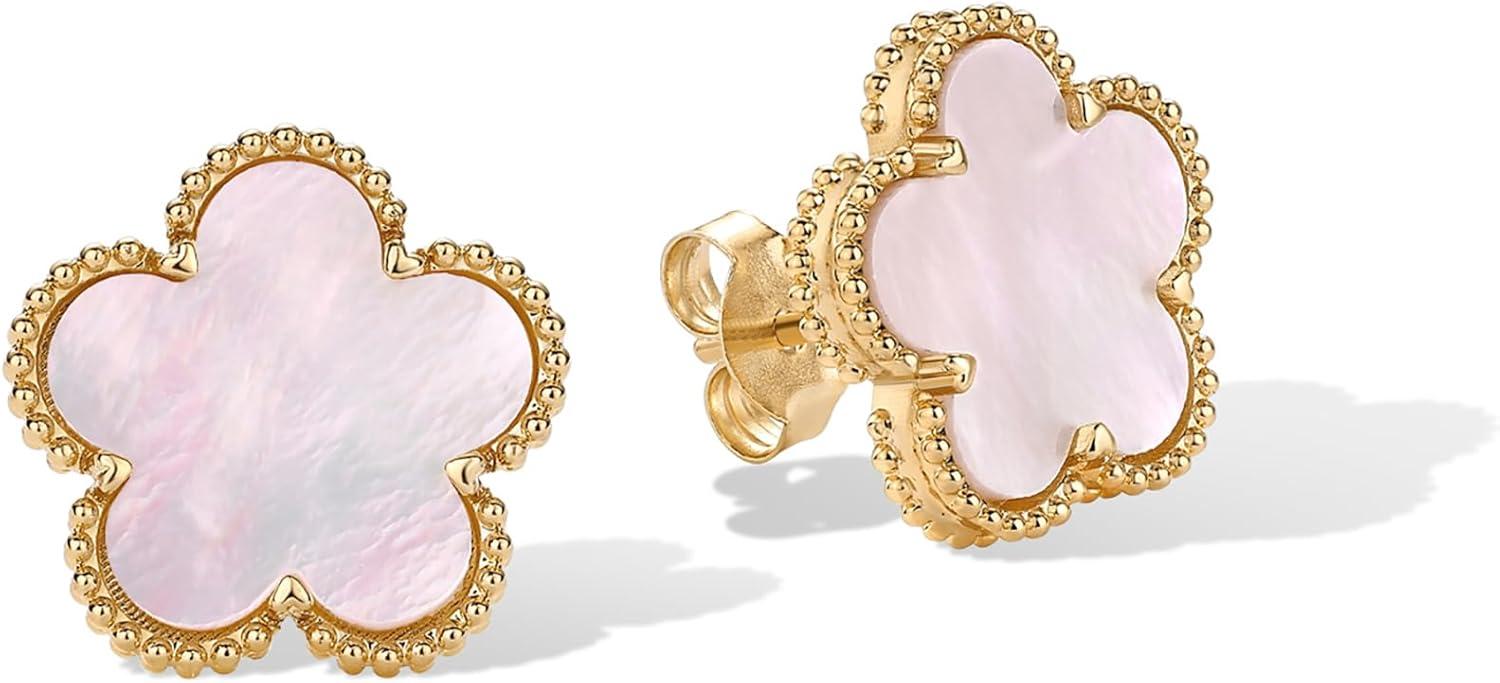 image:imagePAVOI 14K Gold Plated Clover Earrings for Women Clover Stud Earrings Mother of Pearl amp Onyx Gemstone Lucky Flower Design Huggie Hoop Trendy JewelryYellow Gold