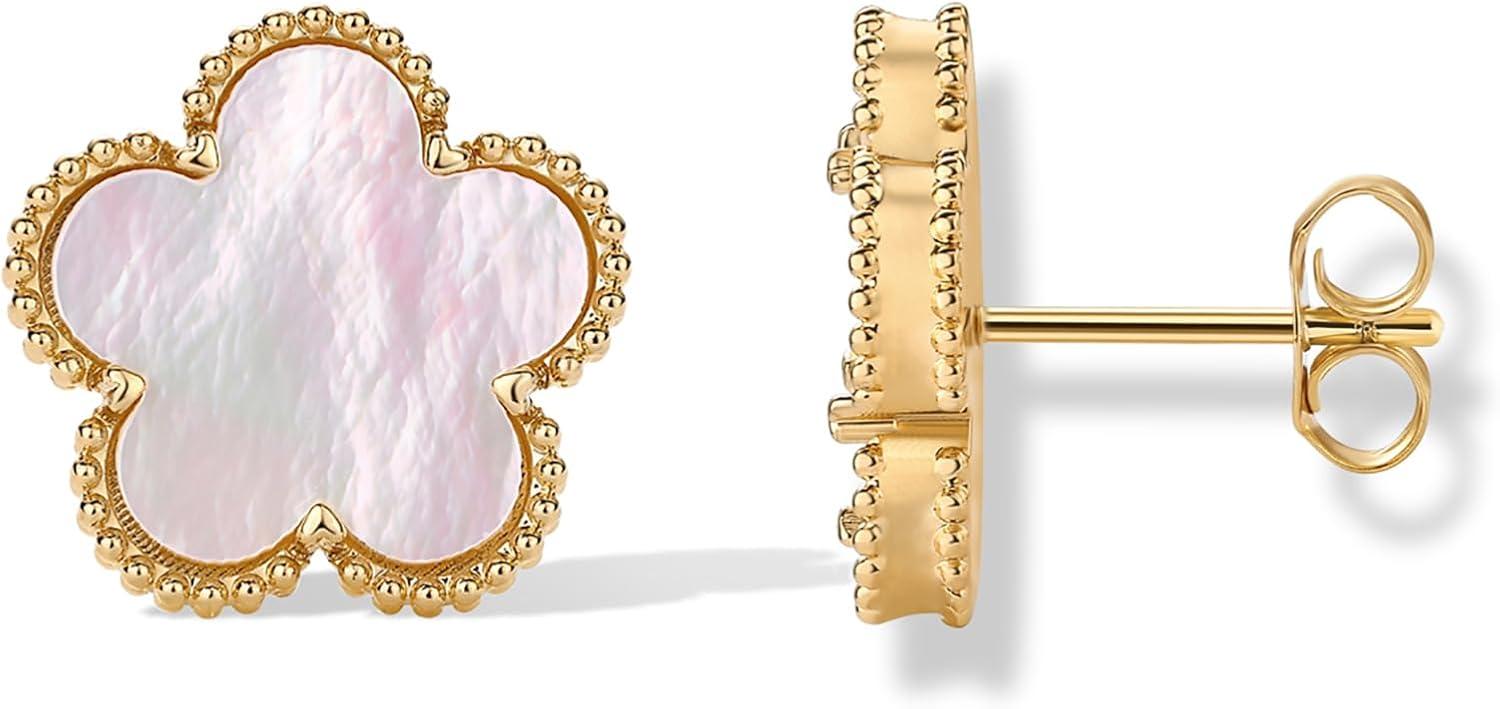image:imagePAVOI 14K Gold Plated Clover Earrings for Women Clover Stud Earrings Mother of Pearl amp Onyx Gemstone Lucky Flower Design Huggie Hoop Trendy JewelryYellow Gold