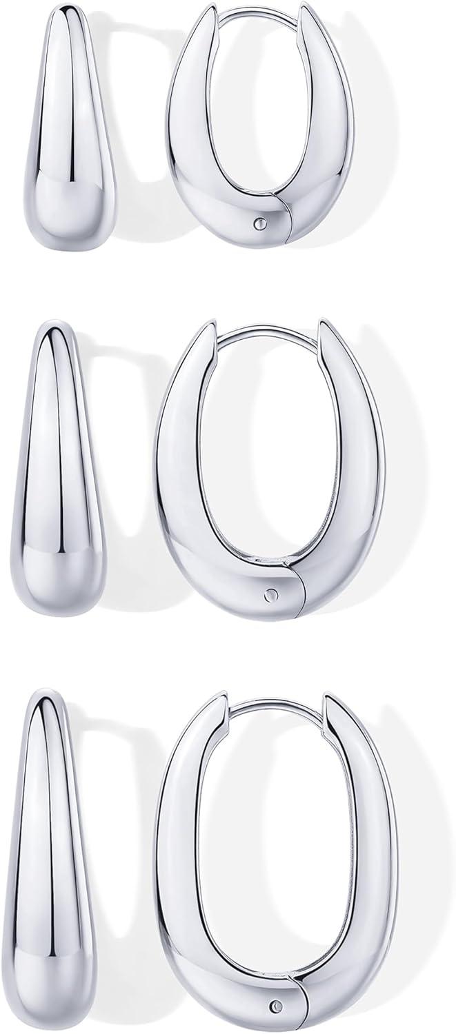image:imagePAVOI Waterproof Hoop Earrings Set for Women Stainless Steel MultiPack with Cubic Zirconia Small amp Chunky Huggie Thin Hoops Oval Styles Trendy Fashion Piercing JewelryWhite Gold