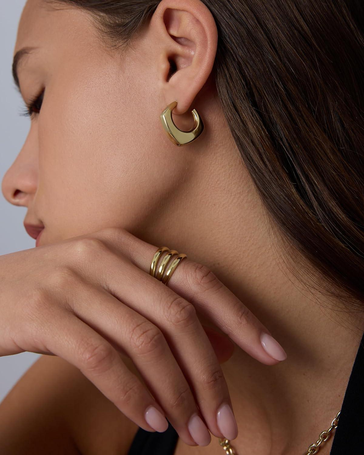 image:imagePAVOI Waterproof Hoop Earrings for Women 14K Gold Plated Chunky Dome Square Twisted Huggie Hoops Stainless Steel Gold Earrings Bold JewelryYellow Gold