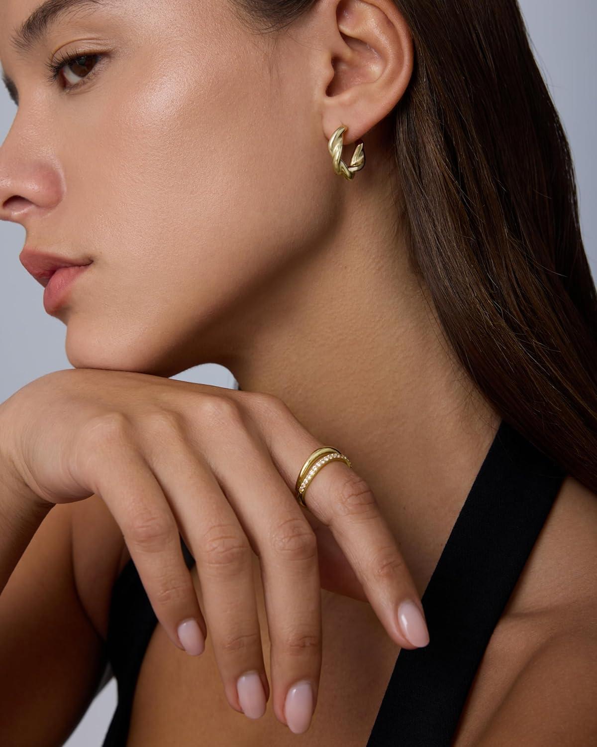 image:imagePAVOI Waterproof Hoop Earrings for Women 14K Gold Plated Chunky Dome Square Twisted Huggie Hoops Stainless Steel Gold Earrings Bold JewelryYellow Gold