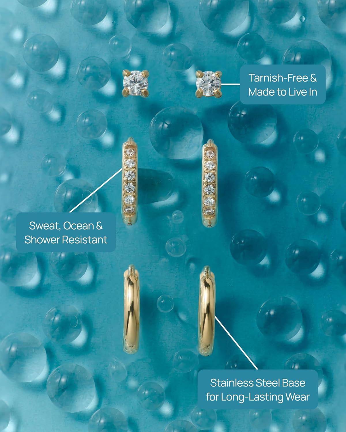 image:imagePAVOI Waterproof Huggie Hoop Earrings Set for Women Stainless Steel Pack of 3 with Cubic Zirconia Huggie Hoops Stud amp Luxe Styles Trendy Fashion Piercing JewelryYellow Gold