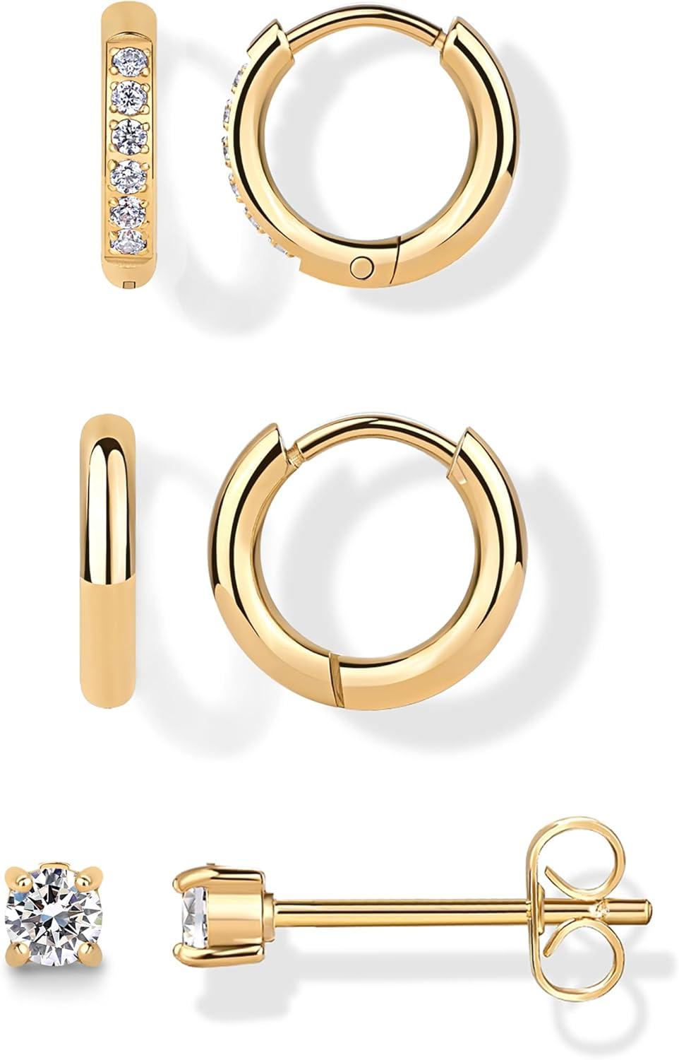 image:imagePAVOI Waterproof Huggie Hoop Earrings Set for Women Stainless Steel Pack of 3 with Cubic Zirconia Huggie Hoops Stud amp Luxe Styles Trendy Fashion Piercing JewelryYellow Gold