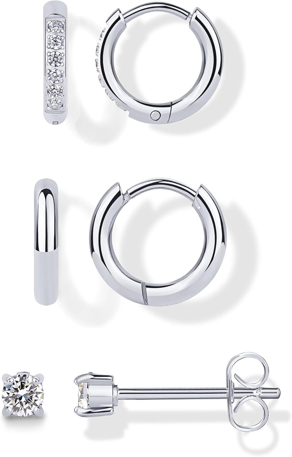 image:imagePAVOI Waterproof Huggie Hoop Earrings Set for Women Stainless Steel Pack of 3 with Cubic Zirconia Huggie Hoops Stud amp Luxe Styles Trendy Fashion Piercing JewelryWhite Gold