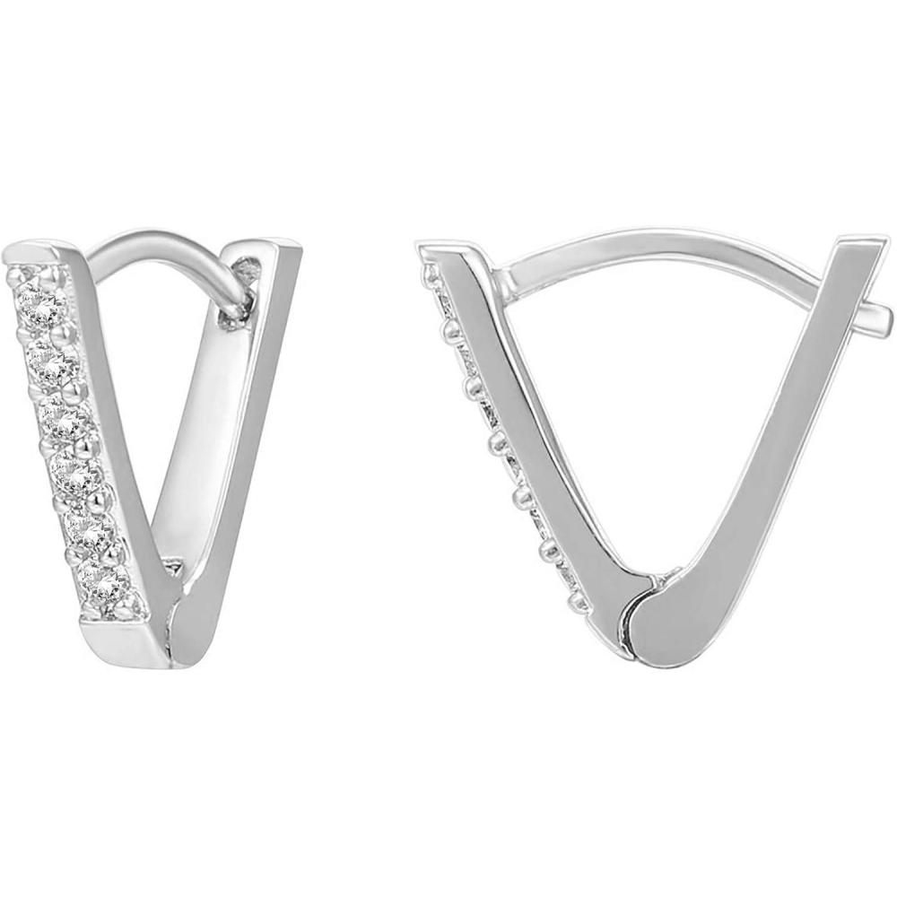 image:imagePAVOI 14K Gold Plated 925 Sterling Silver Post VShaped Huggie Earrings Cubic Zirconia Studded Small Hoop Earrings for Women in Rose White and Yellow GoldWhite Gold