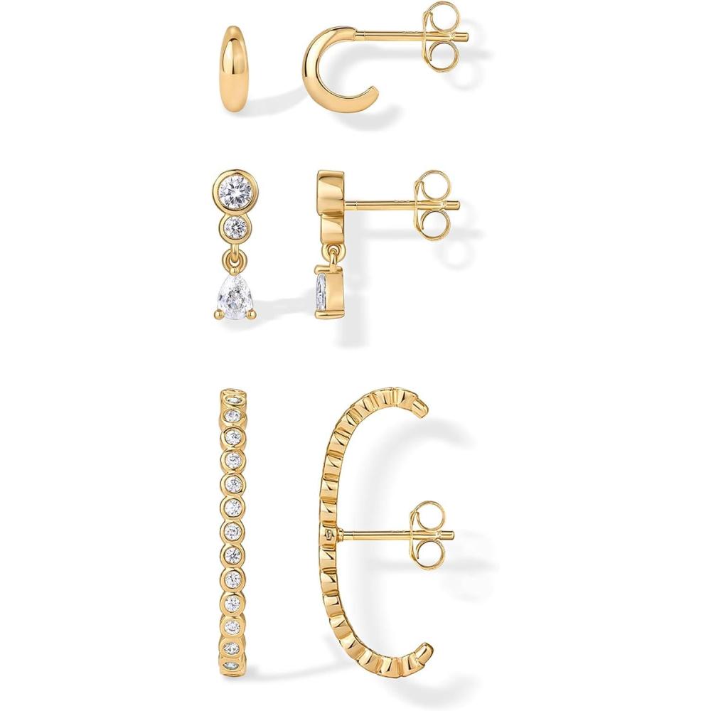 image:imagePAVOI 14K Gold Plated 925 Sterling Silver Posts Multi Pack Earscape Statement Earrings for Women Set of Three Minimalist Suspender Ear Cuff Huggie Stud Dangle Earrings PiercingsYellow Gold