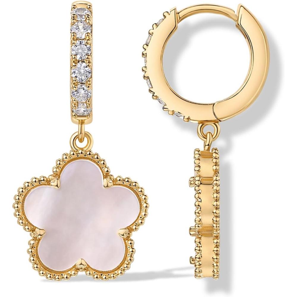 image:imagePAVOI 14K Gold Plated Clover Earrings for Women Clover Stud Earrings Mother of Pearl amp Onyx Gemstone Lucky Flower Design Huggie Hoop Trendy JewelryYellow Gold
