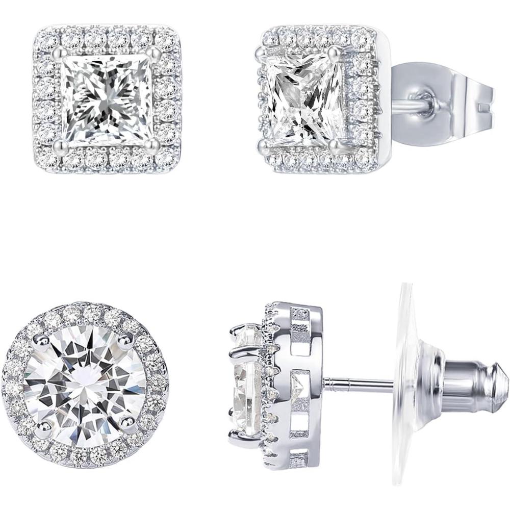 image:imagePAVOI Rhodium Flash Plated Halo Stud Earrings for Women Elegant Cubic Zirconia Earrings 925 Sterling Silver Posts Hypoallergenic Studs