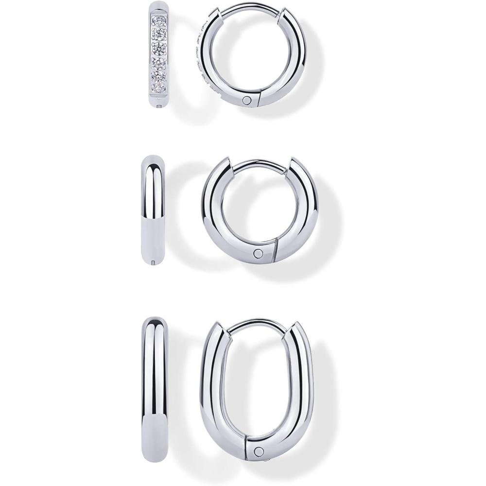 image:imagePAVOI Waterproof Huggie Hoop Earrings Set for Women Stainless Steel Pack of 3 with Cubic Zirconia Huggie Hoops Stud amp Luxe Styles Trendy Fashion Piercing JewelryWhite Gold