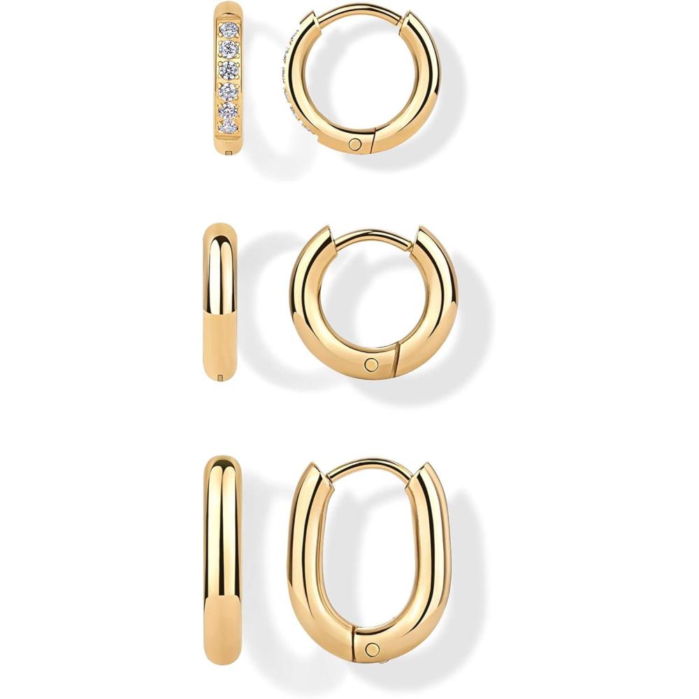 image:imagePAVOI Waterproof Huggie Hoop Earrings Set for Women Stainless Steel Pack of 3 with Cubic Zirconia Huggie Hoops Stud amp Luxe Styles Trendy Fashion Piercing JewelryYellow Gold