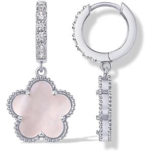 PAVOI 14K Gold Plated Clover Earrings for Women – Clover Stud Earrings Mother of Pearl & Onyx Gemstone – Lucky Flower Design Huggie Hoop Trendy Jewelry(White Gold)