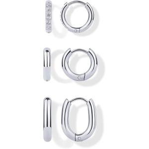 PAVOI Waterproof Huggie Hoop Earrings Set for Women – Stainless Steel Pack of 3 with Cubic Zirconia – Huggie Hoops, Stud & Luxe Styles – Trendy Fashion Piercing Jewelry(White Gold)