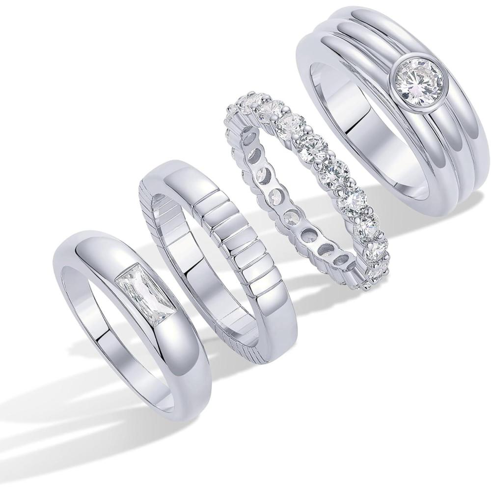 image:imagePAVOI 14K Gold Plated Stackable Rings for Women Dainty Stackable Gold Ring Set of Four with Cubic Zirconia MultiBands Trendy Fashion JewelryWhite Gold