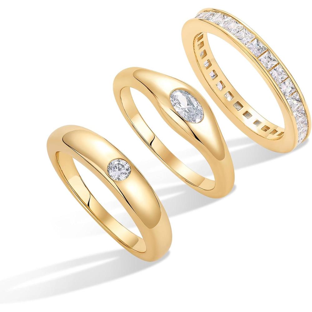 image:imagePAVOI 14K Gold Plated Stackable Rings for Women Dainty Stackable Gold Ring Set of Three with Cubic Zirconia MultiBands Trendy Fashion JewelryYellow Gold