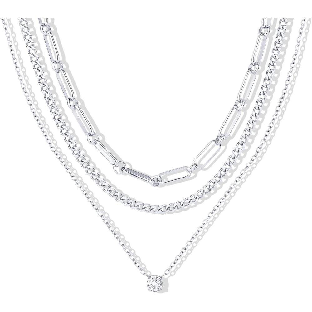image:imagePAVOI Waterproof Layered Necklaces for Women 14K Gold Plated Multi Layered Chain and Pendant with Cubic Zirconia Stainless Steel Trendy Gold Necklace StackWhite Gold