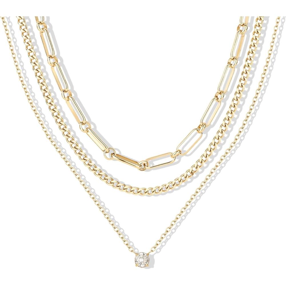image:imagePAVOI Waterproof Layered Necklaces for Women 14K Gold Plated Multi Layered Chain and Pendant with Cubic Zirconia Stainless Steel Trendy Gold Necklace StackYellow Gold