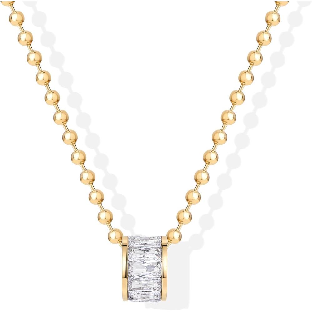 image:imagePAVOI Waterproof Pendant Necklace for Women 14K Gold Plated Dainty Rondelle Pendant with Cubic Zirconia Stainless Steel Cute Gold Necklace Chain JewelryYellow Gold
