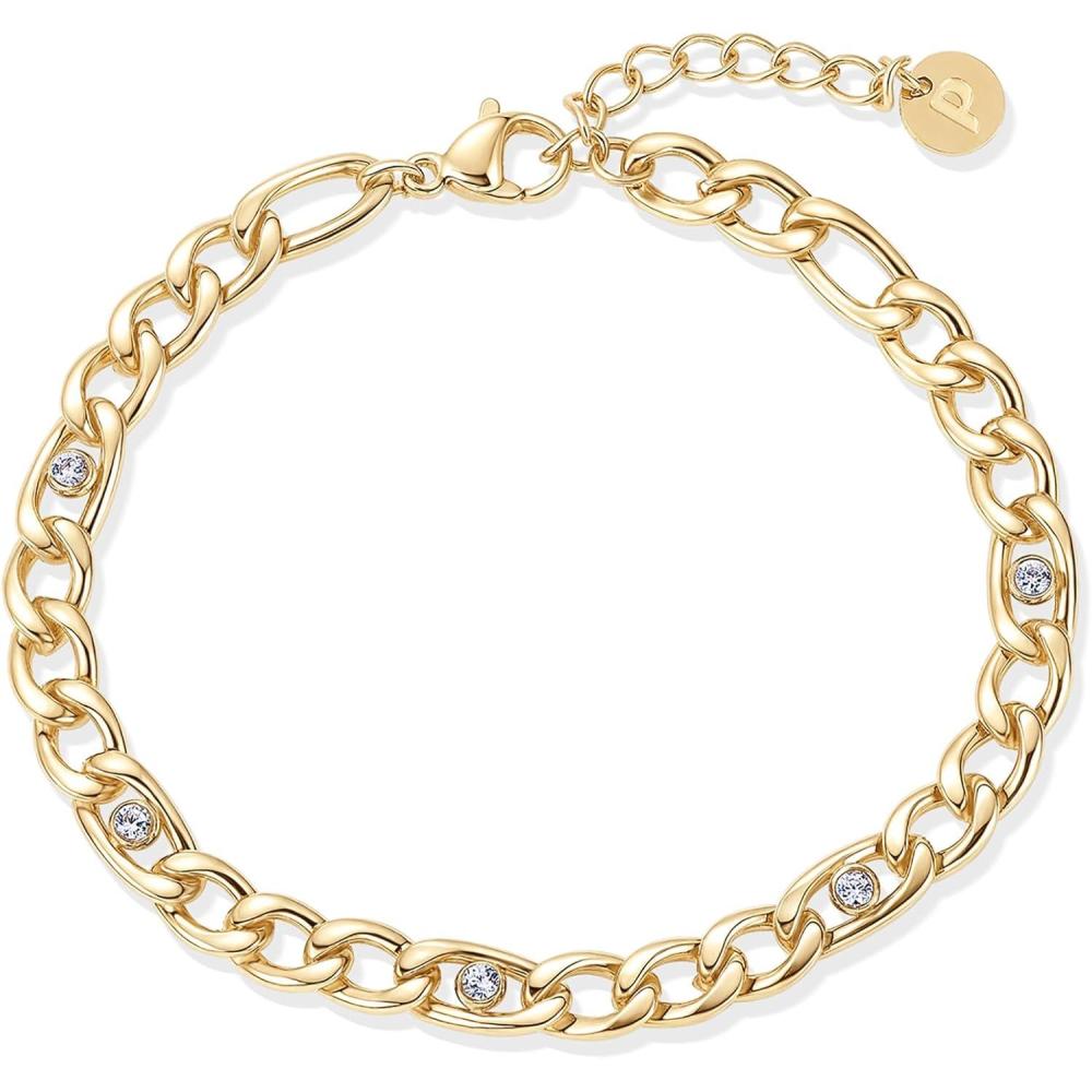 image:imagePAVOI Waterproof Curb Chain Bracelet for Women 14K Gold Plated Adjustable Chain Gold Bracelets for Women with Cubic Zirconia Stackable Stainless Steel Trendy Summer JewelryYellow Gold