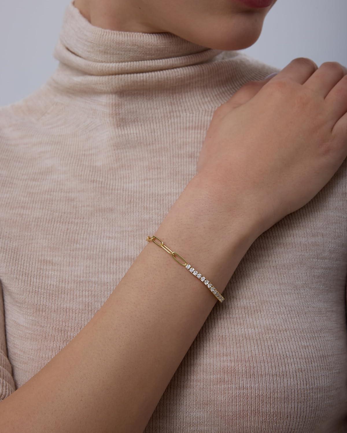 image:imagePAVOI 14K Gold Plated Paperclip Tennis Bracelets for Women Link Chain Gold Bracelet for Women with Cubic Zirconia Adjustable Trendy Bridal JewelryYellow Gold